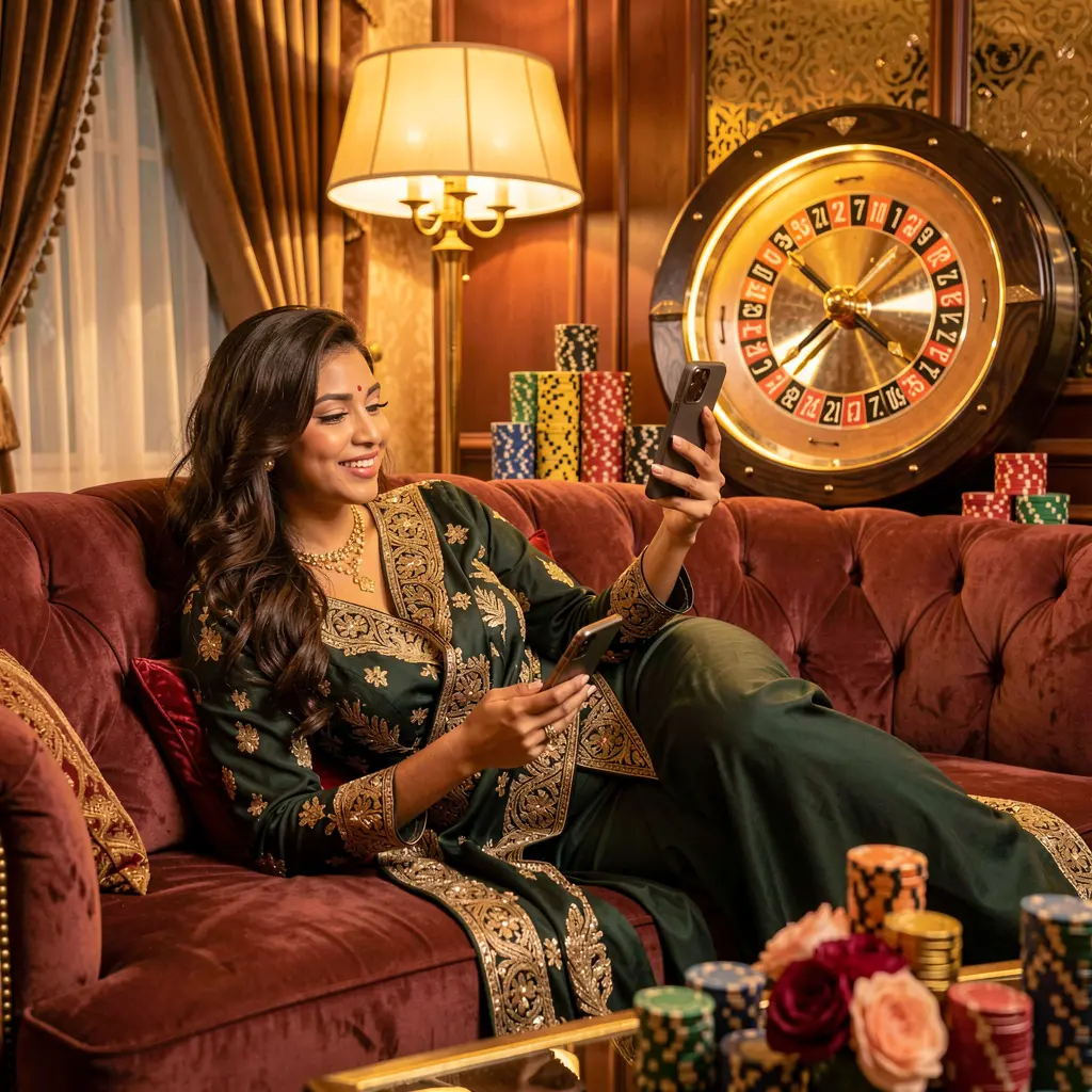 Confident Bangladeshi player using the 6NNN casino app on her phone while lounging in a golden casino setting with a glowing roulette wheel behind her
