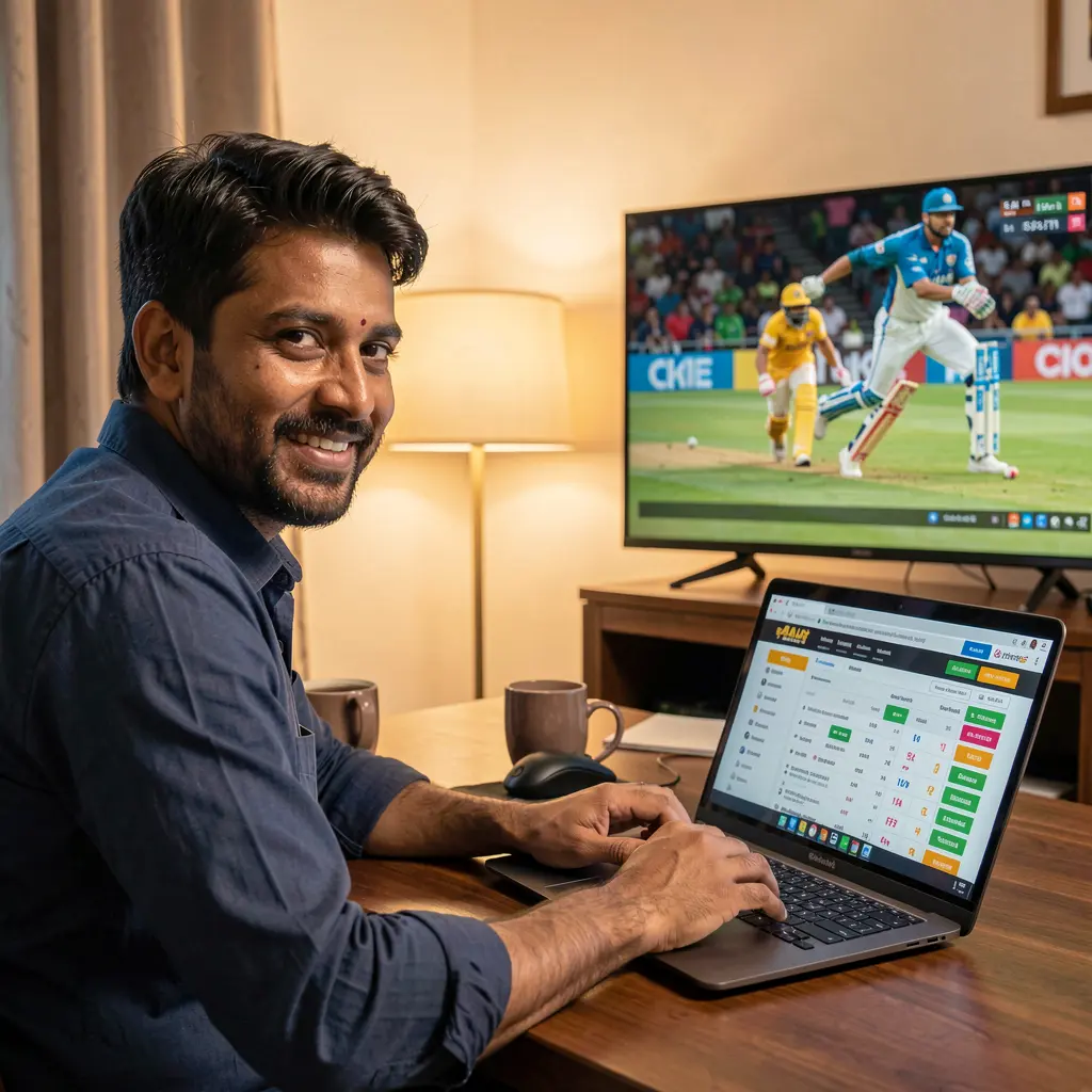 Focused Bangladeshi sports bettor analyzing live cricket odds on the 6NNN betting platform while watching a match on TV at home