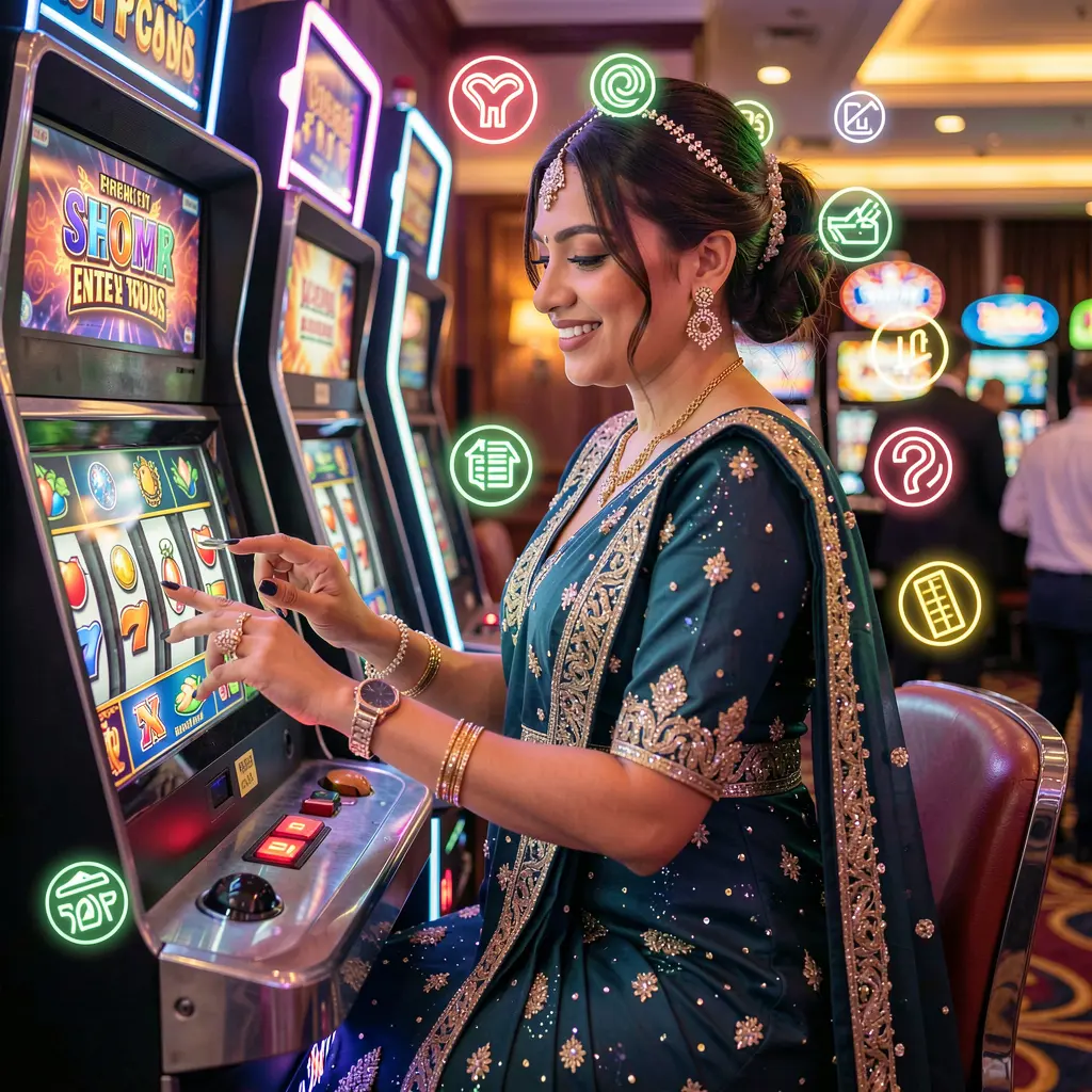 Elegant woman in a glamorous dress posing near luxury slot machines with glowing lights at 6NNN casino highlighting premium entertainment for Bangladeshi players